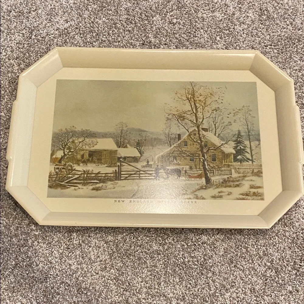 Vintage Style Cream Serving Tray. New England Winter Scene.